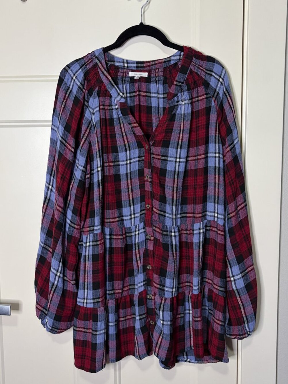 Maurices 1X Maroon/Blue Plaid Button-Front Tiered Long Sleeve Top
